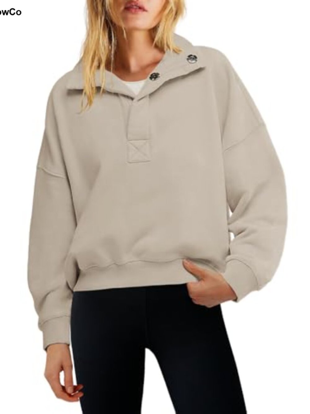 Womens Henley Oversized Cropped Sweatshirt Quarter Button Pullover